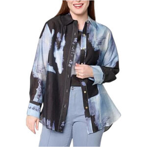 WynneCollection Women's Woven Long-Sleeve Collared Shirt Blue Combo - Regular